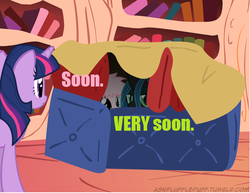 Size: 651x502 | Tagged: safe, artist:mixermike622, edit, queen chrysalis, twilight sparkle, oc, oc:fluffle puff, g4, evil planning in progress, fort, meme, pillow, pillow fort, soon, text edit, very soon