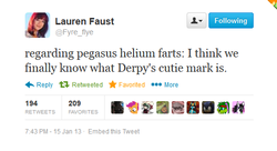 Size: 531x288 | Tagged: safe, fart joke, implied farting, lauren faust, pony farts, silly, text, twitter, word of faust