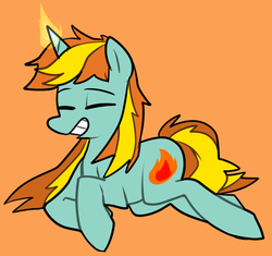 Size: 857x806 | Tagged: safe, artist:ghost, firecracker burst, pony, unicorn, g4, crackerbetes, eyes closed, female, grin, lying down, magic, magic aura, mare, orange background, prone, simple background, smiling, solo