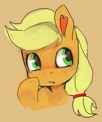 Size: 689x822 | Tagged: dead source, safe, artist:dhui, applejack, earth pony, pony, g4, aside glance, blushing, female, hair tie, mane, solo