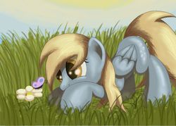 Size: 1400x1000 | Tagged: safe, artist:grennadder, derpy hooves, butterfly, insect, pegasus, pony, g4, big hooves, female, flower, grass, mare