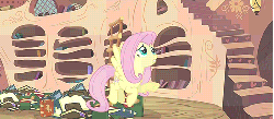 Size: 492x216 | Tagged: safe, artist:only-pony-gifs, screencap, fluttershy, rainbow dash, g4, magic duel, animated, female, golden oaks library, library, lifting