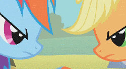 Size: 704x390 | Tagged: safe, screencap, applejack, rainbow dash, pony, fall weather friends, g4, animated, close-up, duo, female, laughing, mare, raspberry, tongue out