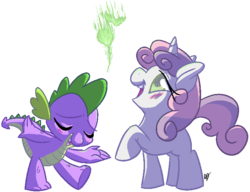 Size: 731x560 | Tagged: safe, artist:xxmentalincxx, spike, sweetie belle, dragon, pony, unicorn, g4, blushing, female, filly, fire, foal, interspecies, male, ship:spikebelle, shipping, simple background, straight, transparent background
