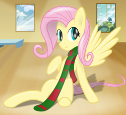 Size: 8898x8098 | Tagged: safe, artist:archive-alicorn, fluttershy, pegasus, pony, g4, absurd resolution, clothes, female, looking at you, mare, scarf, sitting, smiling, smiling at you, solo, spread wings, striped scarf, wings