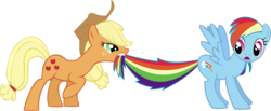 Size: 4001x1649 | Tagged: safe, artist:binaryninj4, applejack, rainbow dash, g4, simple background, tail bite, tail pull, transparent background, vector