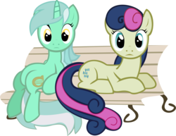 Size: 4001x3084 | Tagged: safe, artist:binaryninj4, bon bon, lyra heartstrings, sweetie drops, earth pony, pony, unicorn, g4, bench, duo, simple background, sitting, sitting lyra, transparent background, vector