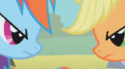 Size: 704x390 | Tagged: safe, artist:dtkraus, edit, edited screencap, screencap, applejack, rainbow dash, earth pony, pegasus, pony, fall weather friends, g4, angry, animated, blushing, bust, close-up, cute, eyes closed, female, freckles, laughing, lesbian, licking, looking at each other, mare, open mouth, portrait, ship:appledash, shipping, smiling, tasting, tongue out