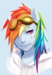 Size: 599x866 | Tagged: safe, artist:reituki, rainbow dash, anthro, g4, ambiguous facial structure, female, goggles, solo