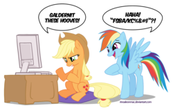 Size: 1000x641 | Tagged: safe, artist:arc-ecclesia, applejack, rainbow dash, earth pony, pegasus, pony, g4, applejack's hat, computer, cowboy hat, desk, dialogue, earth pony problems, female, hat, horse problems, keyboard, laughing, mare, no fingers, open mouth, raised hoof, simple background, sitting, smiling, standing, transparent background, typing