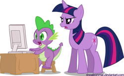 Size: 1000x616 | Tagged: safe, artist:arc-ecclesia, spike, twilight sparkle, dragon, pony, unicorn, g4, computer, duo, duo male and female, female, male, mare, simple background, transparent background, twilight sparkle is not amused, unamused, unicorn twilight