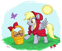 Size: 1134x924 | Tagged: safe, artist:drchrissy, derpy hooves, butterfly, pegasus, pony, g4, basket, cloak, clothes, female, fly agaric, little red riding hood, mare, muffin, mushroom, parody, solo, sun