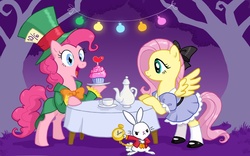 Size: 1250x781 | Tagged: safe, artist:drchrissy, angel bunny, fluttershy, pinkie pie, earth pony, pegasus, pony, rabbit, g4, alice in wonderland, animal, broken comment counter, clothes, crossover, cupcake, cute, dress, heart, mad hatter, mary janes, open mouth, parody, pocket watch, puffy sleeves, smiling, tea, tea party