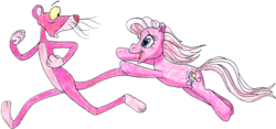 Size: 2532x1185 | Tagged: safe, artist:colossalstinker, pinkie pie (g3), earth pony, pony, g3, 2012, cartoon, crossover, crossover shipping, female, imminent glomp, jumping, male, mare, pankie, pink panther, shipping, simple background, straight, the pink panther, transparent background