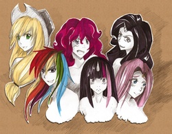 Size: 1200x937 | Tagged: safe, artist:noire-ighaan, applejack, fluttershy, pinkie pie, rainbow dash, rarity, twilight sparkle, human, g4, horn, horned humanization, humanized, mane six, traditional art