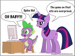 Size: 2048x1532 | Tagged: safe, artist:arc-ecclesia, spike, twilight sparkle, g4, added captions, computer