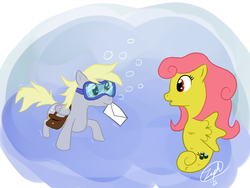 Size: 1024x768 | Tagged: safe, artist:zeph, derpy hooves, oc, pegasus, pony, sea pony, g4, bag, female, goggles, letter, mare, saddle bag, swim mask, underwater, water