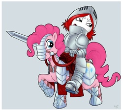 Size: 1122x1021 | Tagged: safe, artist:r perils, pinkie pie, earth pony, pony, g4, armor, bridle, crossover, duo, female, gray background, humans riding ponies, mare, plate armor, raised hoof, reins, riding, ruby gloom, saddle, simple background, sword, weapon