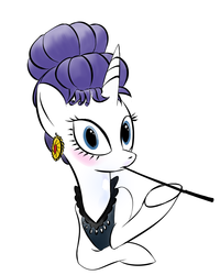 Size: 926x1156 | Tagged: safe, artist:rubrony, rarity, pony, unicorn, g4, alternate hairstyle, audrey hepburn, blushing, breakfast at tiffany's, cigarette, cigarette holder, clothes, dress, female, hilarious in hindsight, holly golightly, looking at you, mare, parody, solo