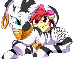 Size: 800x600 | Tagged: safe, artist:nabe, apple bloom, zecora, earth pony, pony, zebra, g4, adorabloom, cuddling, cute, duo, featured image, female, filly, floppy ears, hnnng, leaning, lidded eyes, looking at you, prone, simple background, smiling, snuggling, white background, wide eyes, zecorable