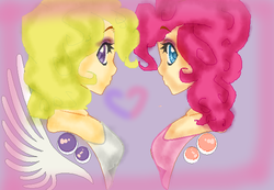 Size: 568x392 | Tagged: safe, artist:amanecer-dawn, pinkie pie, surprise, human, g1, g4, duo, humanized