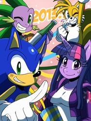 Size: 1136x1508 | Tagged: safe, artist:ss2sonic, spike, twilight sparkle, anthro, g4, breasts, busty twilight sparkle, crossover, male, miles "tails" prower, sonic the hedgehog, sonic the hedgehog (series)