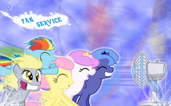 Size: 1680x1050 | Tagged: safe, artist:m24designs, derpy hooves, fluttershy, princess celestia, princess luna, rainbow dash, alicorn, pegasus, pony, g4, cewestia, cute, eyes closed, fan, fanservice, filly, grin, gritted teeth, open mouth, pink-mane celestia, pun, s1 luna, smiling, wallpaper, woona, younger