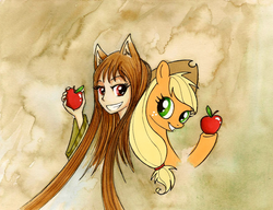 Size: 800x613 | Tagged: safe, artist:foxinshadow, applejack, g4, apple, bust, crossover, grin, horo, portrait, spice and wolf