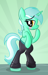 Size: 1747x2700 | Tagged: safe, artist:drawponies, lyra heartstrings, pony, unicorn, g4, bipedal, blushing, clothes, female, lyra doing lyra things, pants, solo