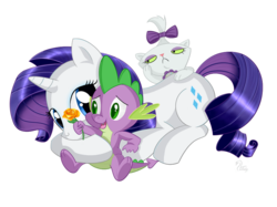 Size: 950x712 | Tagged: safe, artist:swanlullaby, opalescence, rarity, spike, cat, dragon, pony, unicorn, g4, female, mare, ship:sparity, shipping, simple background, transparent background