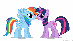 Size: 1280x720 | Tagged: safe, artist:mixermike622, rainbow dash, twilight sparkle, pegasus, pony, unicorn, g4, animated, eye shimmer, female, flapping, horn, lesbian, licking, mare, poni licking poni, ship:twidash, shipping, simple background, tongue out, white background, wings