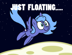 Size: 1461x1116 | Tagged: safe, artist:strangiesleepy, princess luna, pony, g4, caption, female, floating, i have done nothing productive all day, moon, s1 luna, solo, space, wide eyes, woona