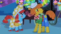 Size: 449x255 | Tagged: safe, screencap, carrot cake, cup cake, earth pony, pony, g4, luna eclipsed, season 2, bowtie, clothes, costume, cropped, dress, duo, duo male and female, female, male, mare, nightmare night, puffy sleeves, raggedy andy, raggedy ann, smiling, stallion, the cakes