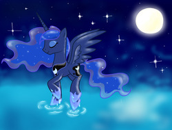 Size: 1597x1214 | Tagged: safe, artist:twistare, princess luna, alicorn, pony, g4, eyes closed, female, hoof shoes, mare, moon, night, peytral, solo, spread wings, stars, water, wings