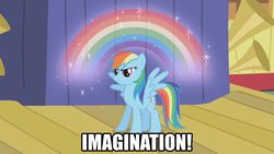 Size: 1280x720 | Tagged: safe, edit, edited screencap, screencap, rainbow dash, pegasus, pony, g4, all caps, idiot box, image macro, imagination, impact font, rainbow, solo, spongebob squarepants