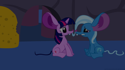 Size: 1280x720 | Tagged: safe, artist:navitaserussirus, trixie, twilight sparkle, mouse, g4, female, lesbian, mousified, ship:twixie, shipping, sparkles experiments, species swap, twimouse