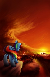 Size: 1164x1806 | Tagged: safe, artist:conicer, rainbow dash, pony, fanfic:abandonment issues/one mare's worth, g4, burning, eyes closed, fanfic, fanfic art, female, fire, ponyville, solo, sunset