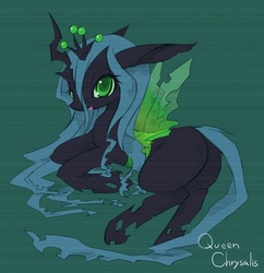 Size: 581x600 | Tagged: safe, artist:kolshica, queen chrysalis, changeling, changeling queen, g4, bugbutt, butt, crown, cute, cutealis, female, jewelry, long ears, looking at you, looking back, open mouth, pixiv, plot, prone, regalia, smiling, solo