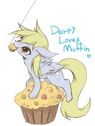 Size: 450x600 | Tagged: safe, artist:kolshica, derpy hooves, pegasus, pony, g4, female, mare, muffin, pixiv, solo, that pony sure does love muffins