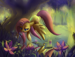Size: 3269x2490 | Tagged: safe, artist:dawnfire, fluttershy, pony, g4, beautiful, colored pupils, female, flower, flying, forest, scenery, solo, water