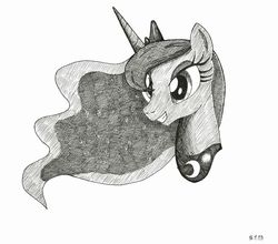 Size: 1936x1700 | Tagged: safe, artist:cptmaximum9001, princess luna, pony, g4, bust, female, monochrome, portrait, simple background, smiling, solo, traditional art