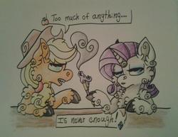 Size: 623x480 | Tagged: safe, artist:artofguillotine, applejack, rarity, g4, dialogue, fluffy, smoking, traditional art