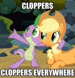 Size: 658x687 | Tagged: safe, applejack, spike, g4, image macro, meme, x x everywhere