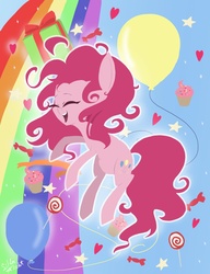 Size: 2300x3000 | Tagged: safe, artist:silbersternenlicht, pinkie pie, earth pony, pony, g4, balloon, candy, cupcake, cute, diapinkes, eyes closed, female, happy, heart, open mouth, present, solo