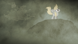 Size: 1280x720 | Tagged: safe, artist:ooderpyoo, derpy hooves, pegasus, pony, g4, cloudsdale, female, mare, rain, wallpaper