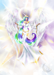 Size: 1396x1941 | Tagged: safe, artist:anzhelee, princess celestia, human, g4, humanized, solo, winged humanization