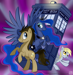 Size: 1000x1033 | Tagged: safe, artist:swanlullaby, derpy hooves, doctor whooves, princess luna, time turner, pegasus, pony, g4, doctor who, female, male, mare, rearing, stallion, tardis