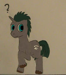 Size: 646x730 | Tagged: safe, artist:paskanaakka, derpibooru exclusive, oc, oc only, oc:night fossil, pony, unicorn, male, question mark, solo, stallion