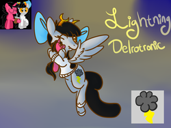 Size: 1400x1050 | Tagged: safe, artist:cotton, oc, oc only, oc:lightning dee, oc:windows, pegasus, pony, abstract background, bow, clothes, female, flying, gradient background, homestuck, mare, plushie, shoes, solo, spread wings, sweater