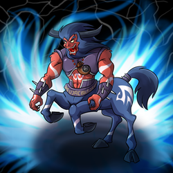 Size: 1000x1000 | Tagged: safe, artist:madmax, tirac, centaur, g1, black background, blue fire, cloven hooves, male, rearing, simple background, solo, spiked wristband, tail wrap, tirac's bag, wristband